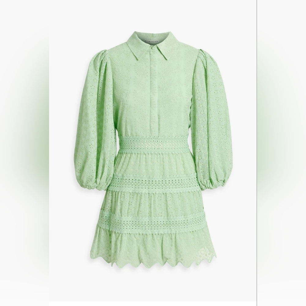 Alice + Olivia Green Tiered A-Line Dress with Bishop Sleeves